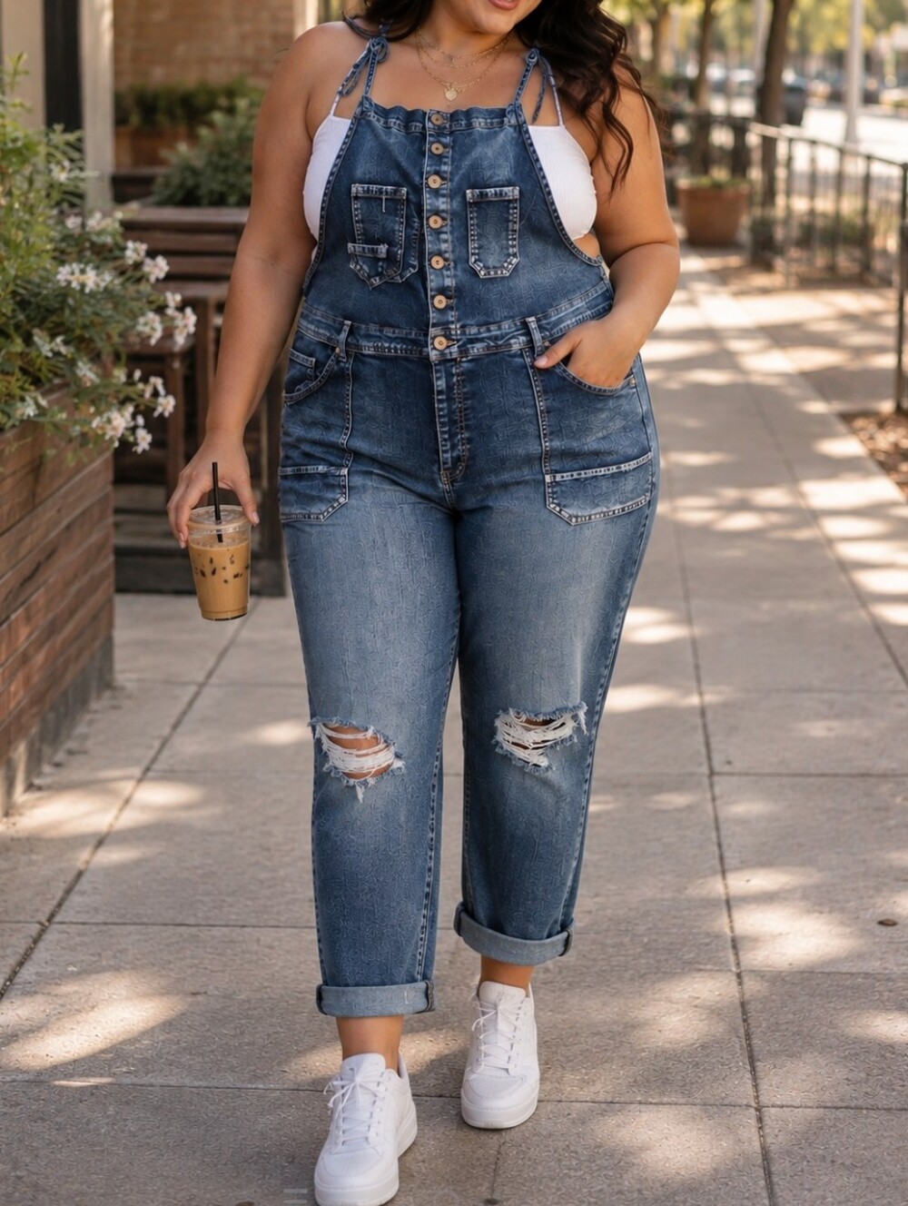 Frankie & Stella Plus Size Distressed Blue Denim Overalls Relaxed Jumpsuit